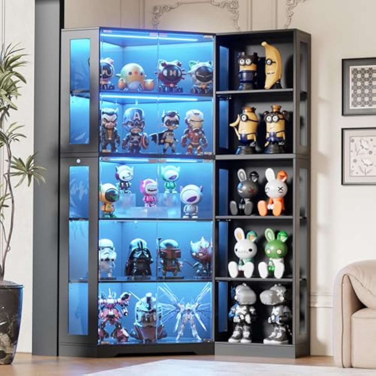 Glass Cabinet Display - 強化ガラス扉付きディスプレイキャビネット、調整可能な棚を備えた二段構造デザイン、三色LED照明システム、71インチ