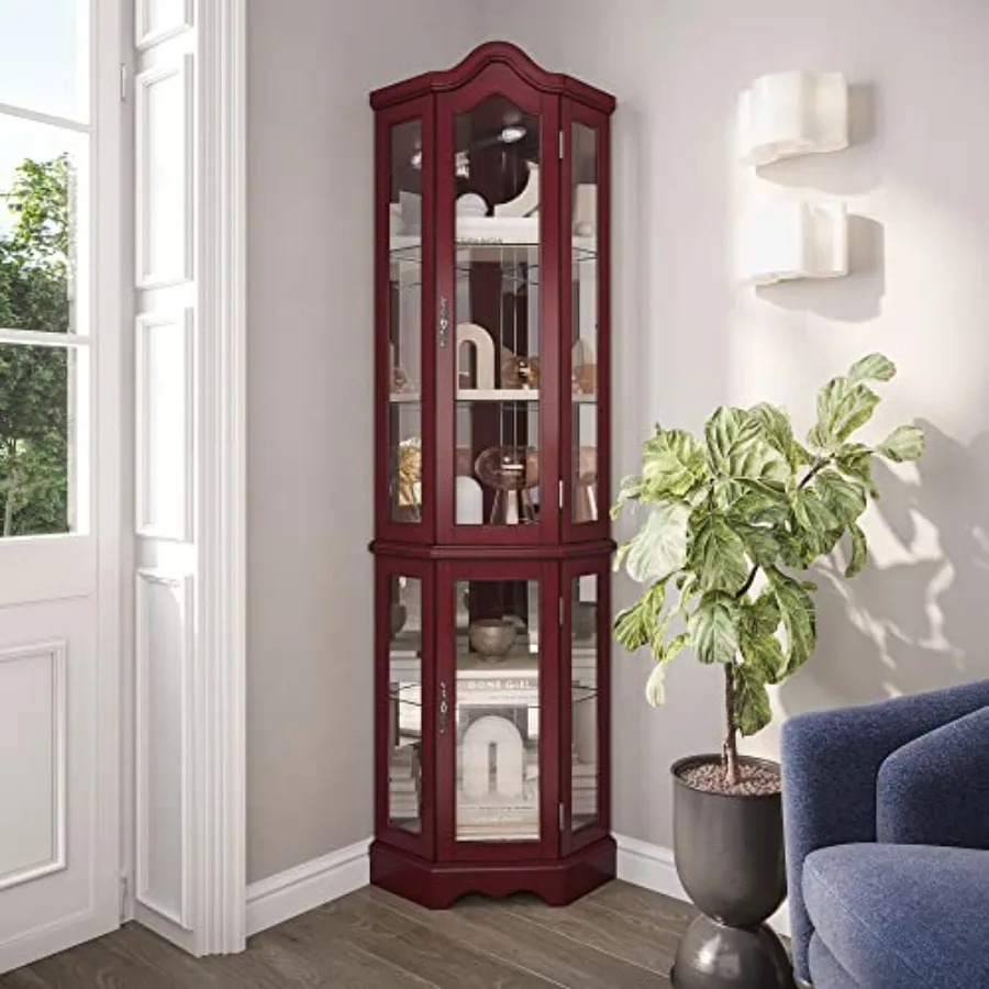 Glass Cabinet Display - 照明付きのコーナーディスプレイキャビネット。曲面トップ、木製棚、強化ガラス製の扉、バーと酒類収納スペース付き。