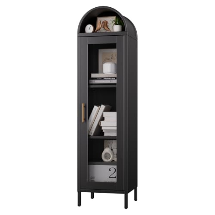 Glass Cabinet Display - リビングルーム用の細身の金属製アーチ型ディスプレイキャビネット、ガラス扉付き、ブラック、63インチ、洗練されたモダンデザインと省スペース構造