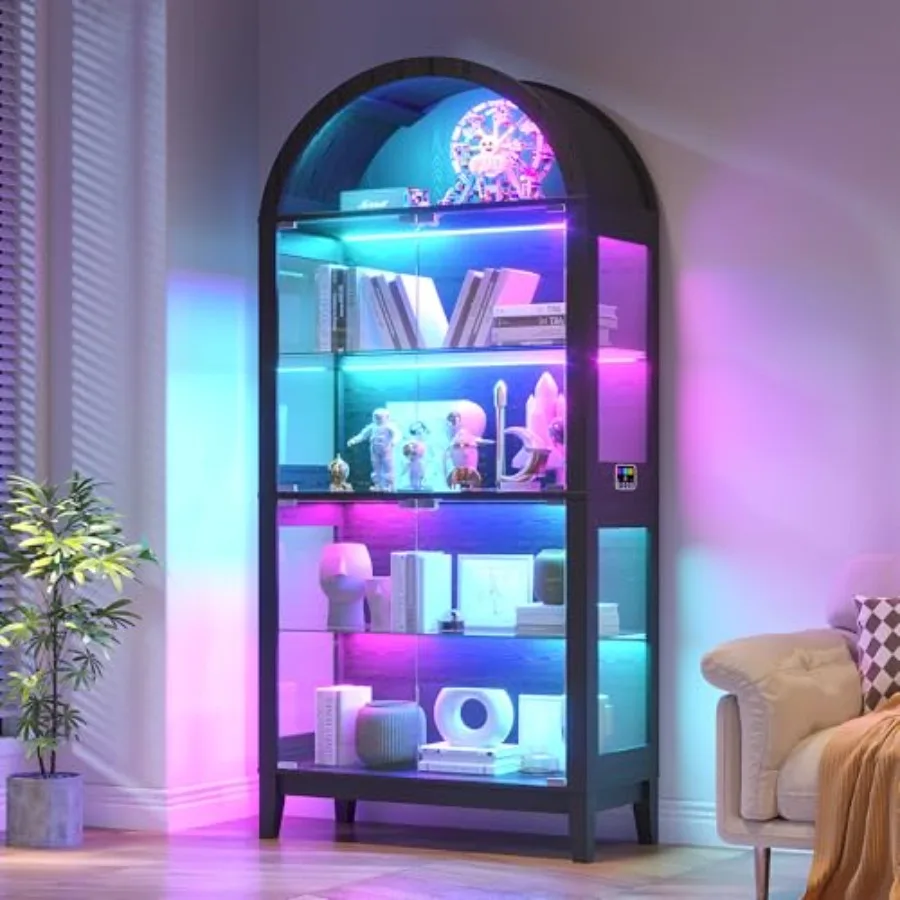 Glass Cabinet Display - リビングルーム用のアーチ型ガラス製ショーケース。強化ガラスと金属製で、色は黒。RGB LED照明と高さ調節可能な棚を備えています。