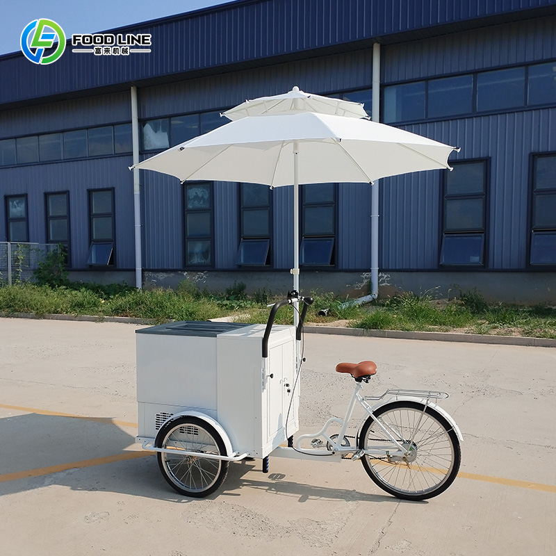 Hot Dog Vending Cart - カスタマイズ可能な屋外電動アイスクリームバイク、大容量収納スペース付きモバイル冷凍庫三輪車、食品配達カート販売中