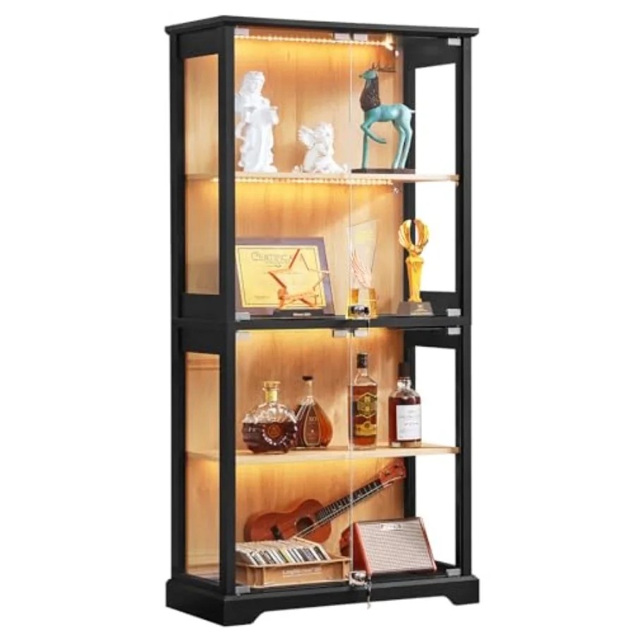 Glass Cabinet Display - リビング用の、鍵付きのファームハウス風ガラス製ショーケース。強化ガラスと木材を使用し、白を基調としたデザイン。安全なロック機構を備えています。