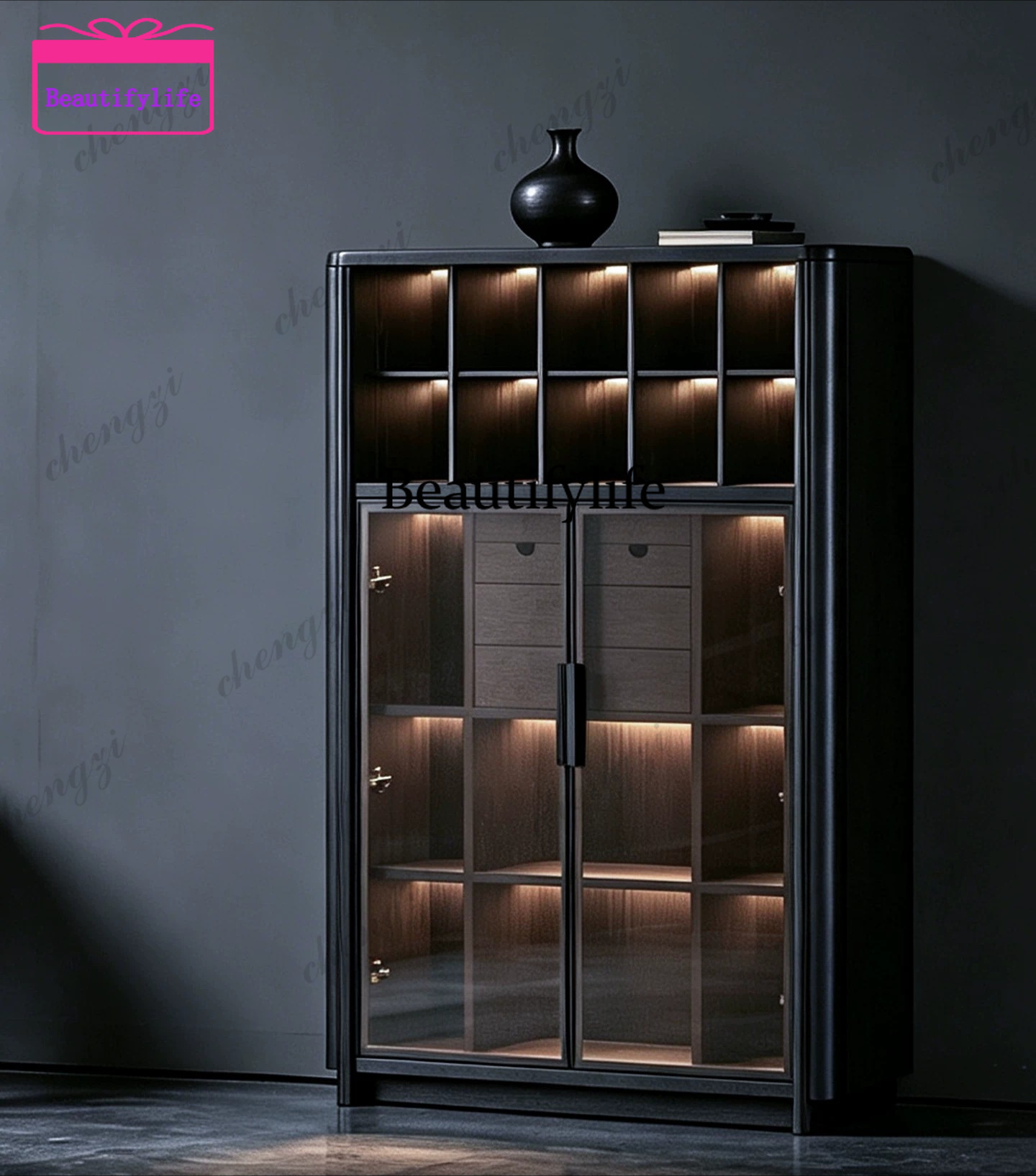 Glass Cabinet Display - a55 イタリア製ミニマリスト無垢材本棚 ガラス扉付き床から天井までのディスプレイキャビネット モダンな組み合わせロッカー ランプ付き