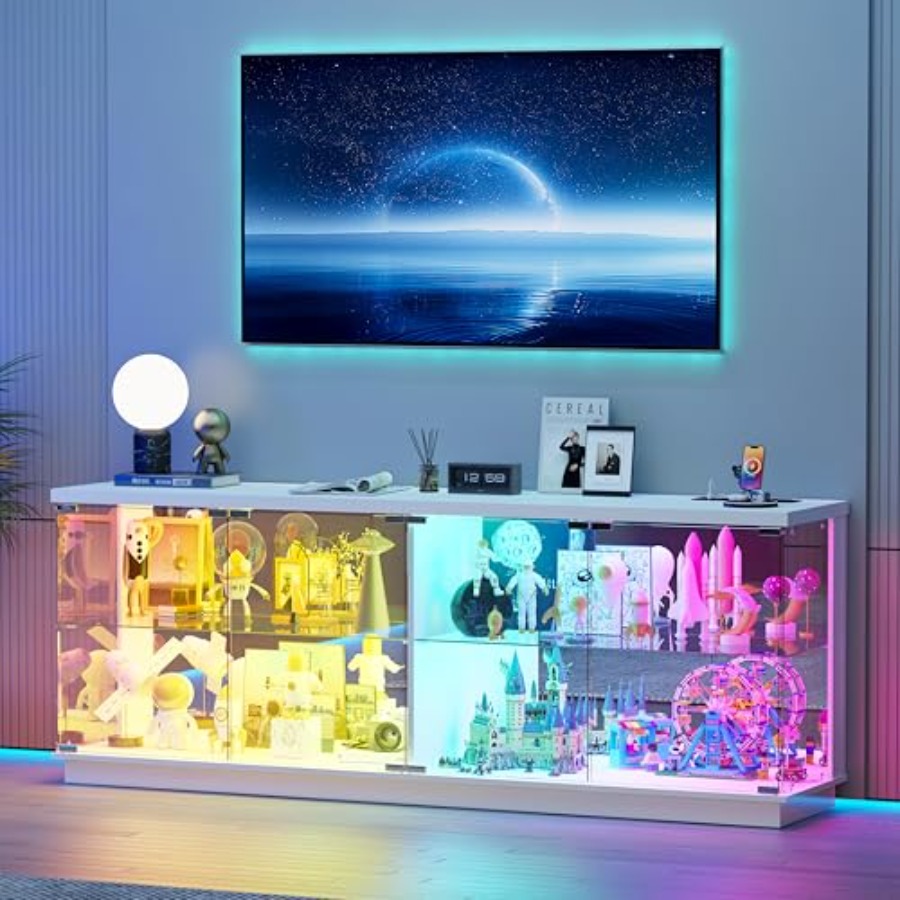 Glass Cabinet Display - 幅59インチの大型ディスプレイキャビネット、ガラス扉とセンサー式RGBライト付き