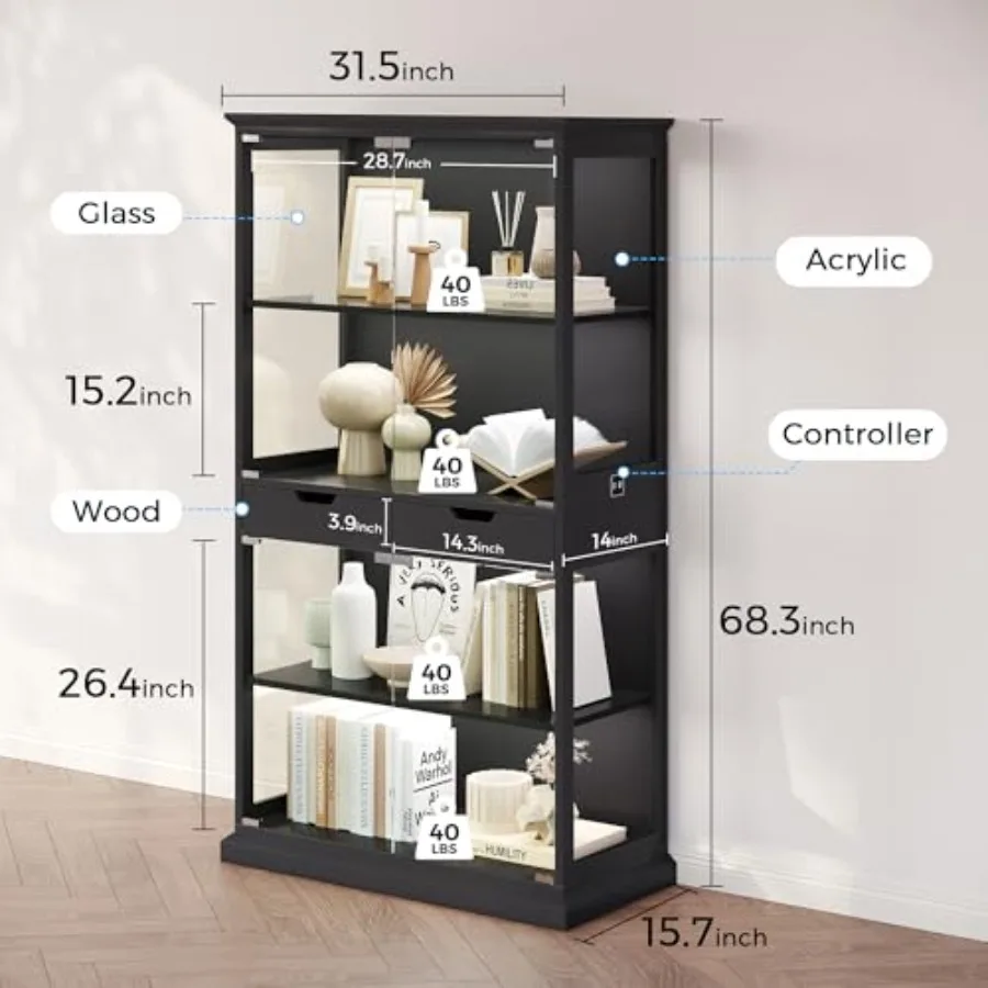 リビング/ゲームルーム用のガラス扉付き飾り棚。強化ガラスと木 - Glass Cabinet Display のレビューと価格