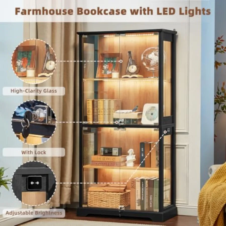 リビング用の、鍵付きのファームハウス風ガラス製ショーケース。 - Glass Cabinet Display のレビューと価格
